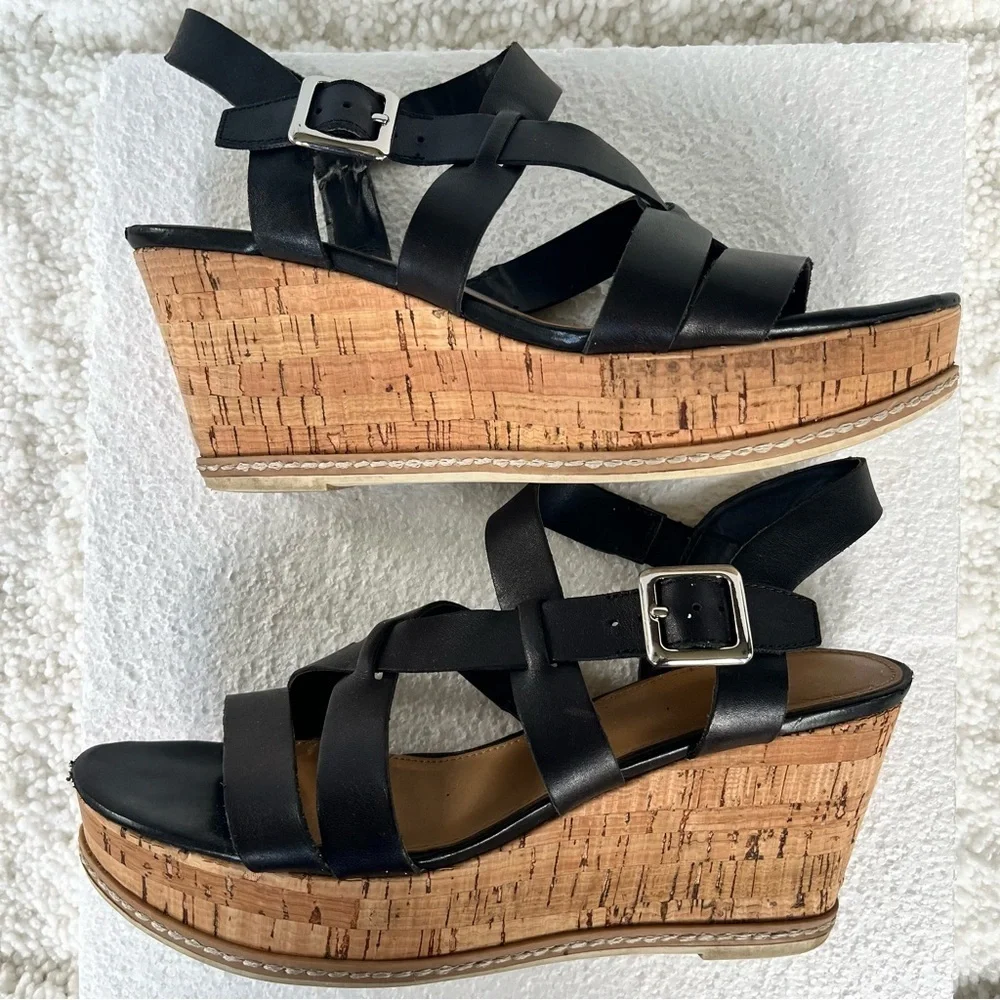 Franco Sarto Women's Leather Black and Tan Cork Strappy Wedge Sandals Size 9M
